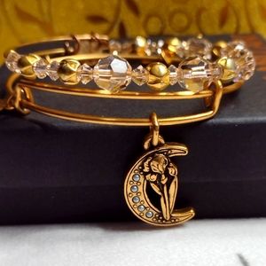 ALEX AND ANI 2 PC Moon + Iris Flower Charm Bangle Bracelet Set